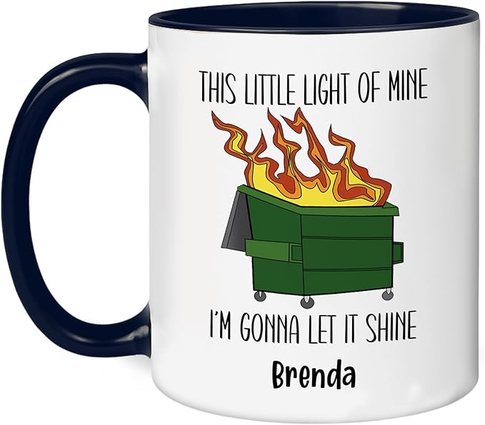 Personalized Funny Dumpster Fire Coffee Mug – Custom Name Cup with Quote “This Little Light of Mine I’m Gonna Let It Shine” – Unique Gag Gift, White Elephant Christmas Cup
