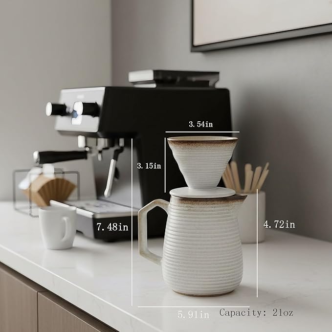 Pour Over Coffee Maker Set - Ceramic V60 Dripper Pot, Heat-Resistant & Easy Clean, Manual Slow Drip Coffee Brewer for Office, Home, Camping 1-3 Cup Pour Over Kit 20 coffee filters (white)