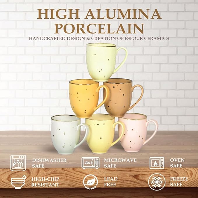 Coffee Mugs Set Of 6, 14 Oz Large Handle Heavy Duty Cups - Microwave Dishwasher Safe - Latte, Cappuccino, Tea, Cocoa, Mocha - Men, Women, Home Office Daily Use, Blossom Assorted Colors