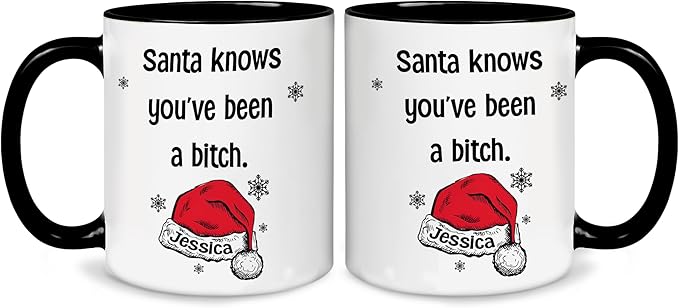 Personalized Funny Christmas Hot Cocoa Mug – Custom Naughty Santa Coffee Cup with Hilarious Quote – Unique White Elephant Exchange Present, Gag Gift for Friends, Holiday Ceramic Mug