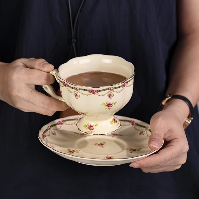 KAMMAK Tea Cups and Saucers Set of 2, Porcelain, 7.8-Ounce | Stackable Espresso Mugs | Imperial Court Collection | Ceramic Demitasse | For Coffee, Latte, Americano, Tea