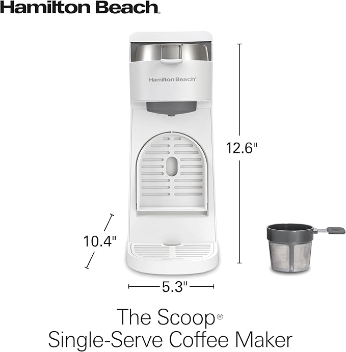 Hamilton Beach 47621 The Scoop Single Serve Coffee Maker & Fast Grounds Brewer for 8-14oz. Cups, Brews in Minutes, Next Gen, White
