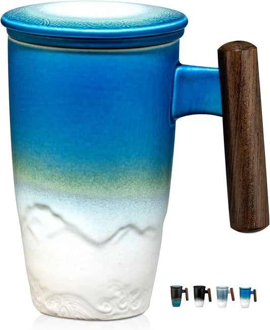 suyika Tomotime Ceramic Tea Cup with Infuser and Lid Tea Mugs Wooden Handle 400ml/13.5oz (Cyan blue)