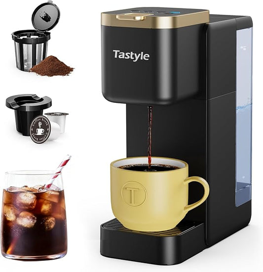 Single Serve Coffee Maker, Iced and Hot Coffee Machine for K Cup & Grounds, Compact Design, 40oz Removable Water Reservoir, 6 to 24 Oz Brew Sizes, Fits 7.3" Travel Mug, Black+Gold