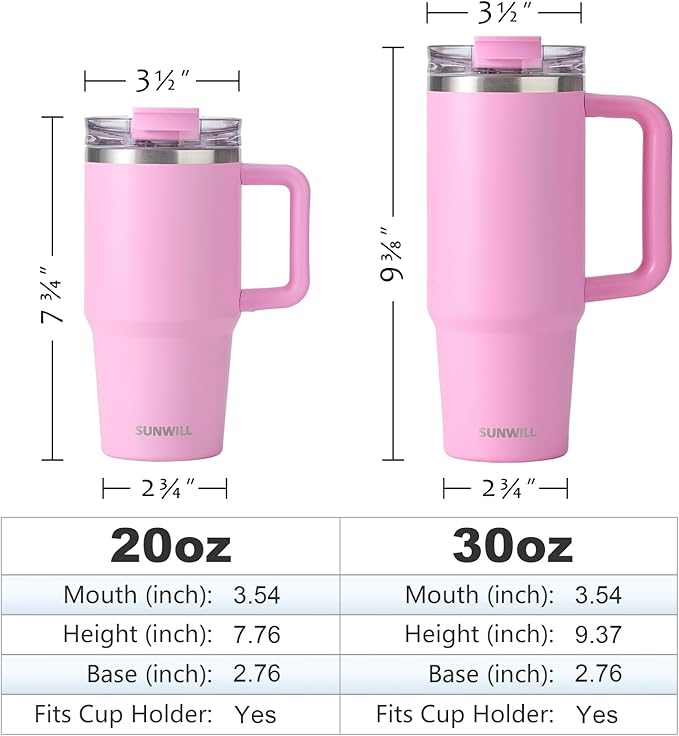 SUNWILL Travel Coffee Mug with Lid, 20 oz Tumbler with Handle and Straw Leak Proof, Stainless Steel Cup Insulated for Office & Gym, Cupholder Friendly, Powder Coated Pink