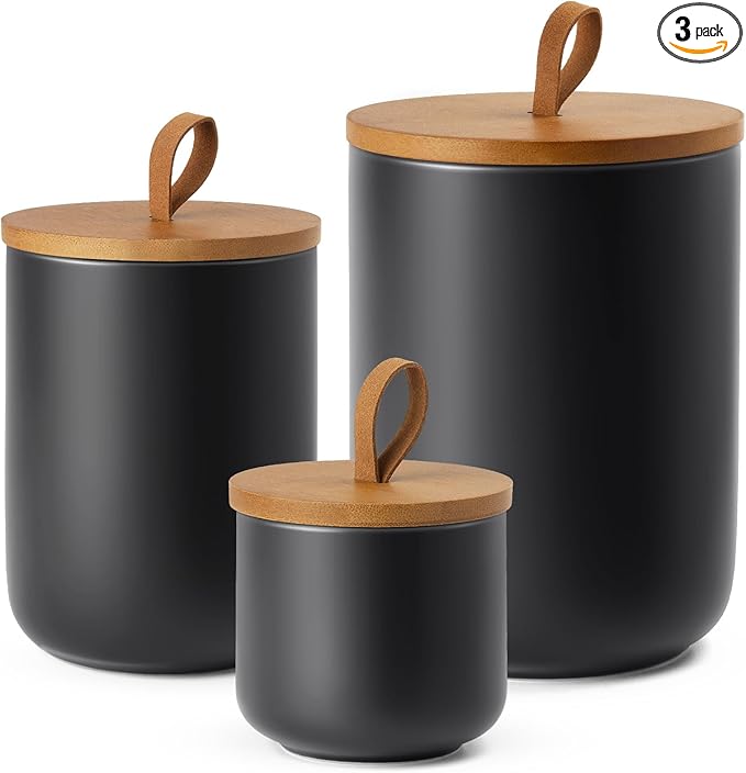 Black Canisters Sets for The Kitchen, Airtight Kitchen Canisters for Countertop, Kitchen Canisters Set of 3 with Top Handle, Modern Ceramic Jar with Wooden Lid for Coffee Flour Cookie Nuts