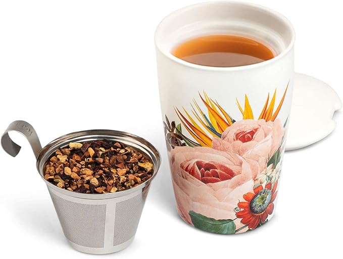 Tea Forte Double-Walled Ceramic Kati Cup, Removable Stainless Steel Infuser Basket and Lid, Steeps 12 oz Loose Leaf Tea, Dishwasher & Microwave Safe, Jubilee