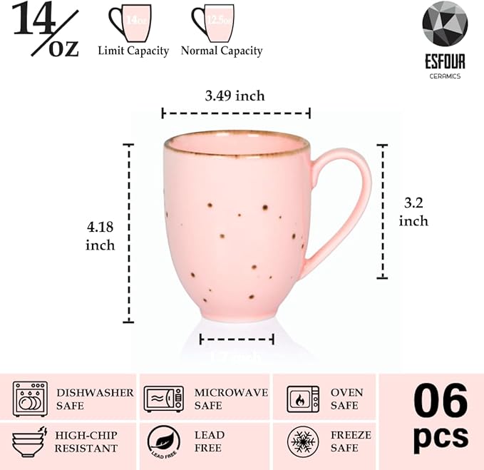 Coffee Mugs Set Of 6, 14 Oz Large Handle Heavy Duty Cups - Microwave Dishwasher Safe - Latte, Cappuccino, Tea, Cocoa, Mocha - Men, Women, Home Office Daily Use, Blossom Assorted Colors
