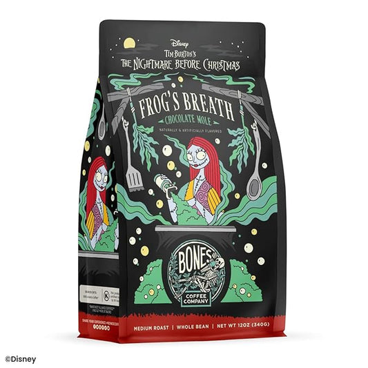 Bones Coffee Company The Nightmare Before Christmas Frog's Breath Flavored Coffee Beans, Medium Roast Ground Coffee Low Acid, Chocolate Mole Flavor (12 oz)