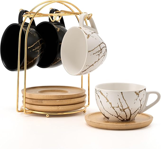 LUKA Ceramic Demitasse Espresso Cups Set with Saucers and Metal Stand, 8 oz Porcelain Stackable Cappuccino Cups Teacup For Tea, Espresso, Latte, Coffee, Cafe Mocha, Set of 4, White & Black