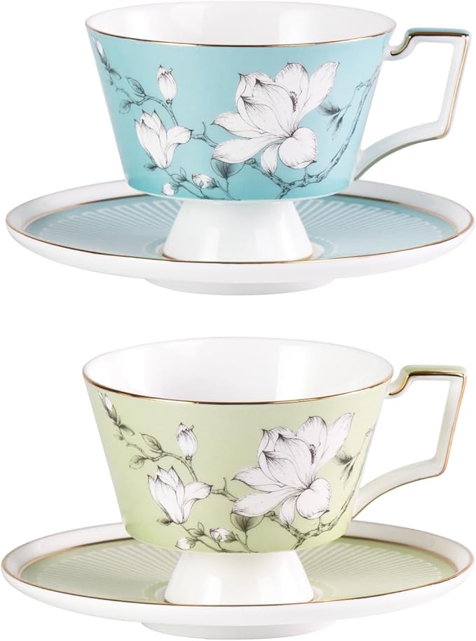 KAMMAK Ceramic Coffee Cups Saucers Set of 2, Porcelain Espresso Cups with Saucers, 8.12 oz Handcrafted Elegant Bone China Tea Cups, Blue & Sage Green Flower Teacup for Party, Office, Women Gift