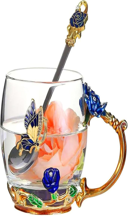 Glass Tea Cup，Birthday present for a mother a birthday present for RoseCoffee Mugs for Mother's Day (Rose Blue B)
