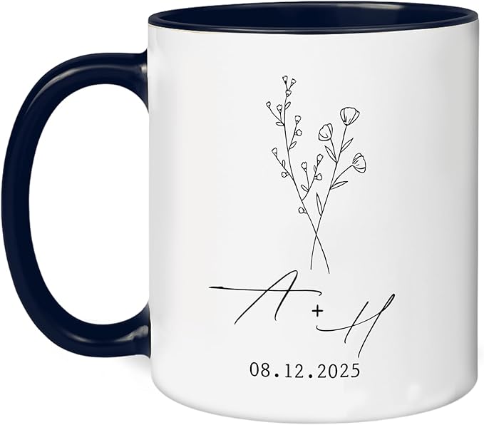 Personalized Mr and Mrs Coffee Mug Set – Custom Initials & Date Design with Minimal Floral Line Art – Wedding Gift for Couple, Engagement Keepsake, Anniversary Present Ceramic Cups