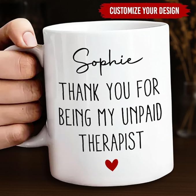 Wrappiness Custom Ceramic Mug for Best Friends, Coworkers & Sisters - My Unpaid Therapist Personalized Coffee Mug, Christmas Friendship Appreciation Gift