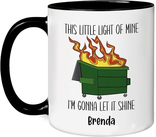 Personalized Funny Dumpster Fire Coffee Mug – Custom Name Cup with Quote “This Little Light of Mine I’m Gonna Let It Shine” – Unique Gag Gift, White Elephant Christmas Cup