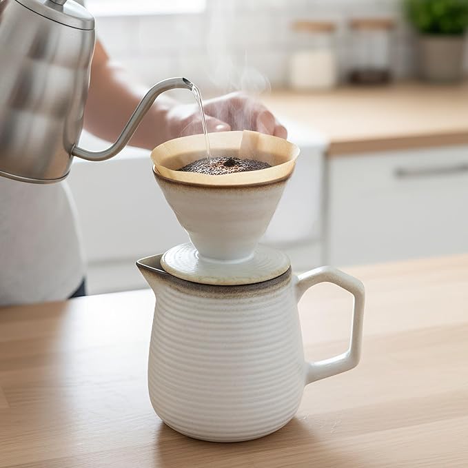 Pour Over Coffee Maker Set - Ceramic V60 Dripper Pot, Heat-Resistant & Easy Clean, Manual Slow Drip Coffee Brewer for Office, Home, Camping 1-3 Cup Pour Over Kit 20 coffee filters (white)