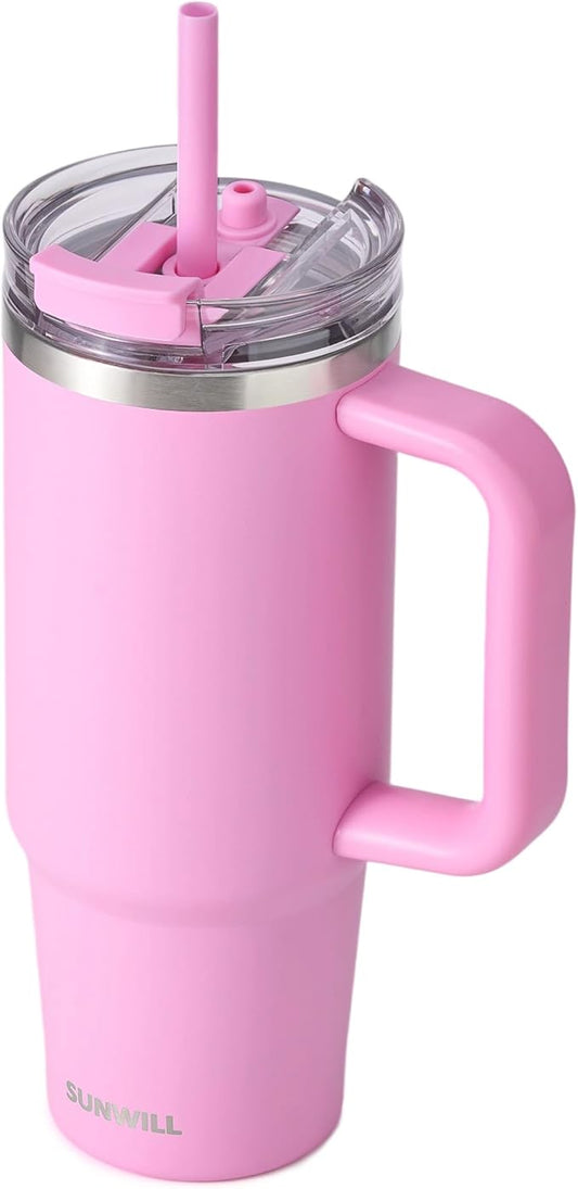 SUNWILL Coffee Tumbler with Handle, 30 oz Travel Mug with Lid and Straw Insulated, Stainless Steel Cup Leak Proof for Travel & Outdoor, Cupholder Friendly, Powder Coated Pink