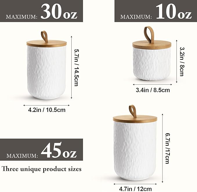 Canisters Set for Kitchen Food Storag of 3 Piece, Airtight Kitchen Canisters for Countertop, Modern Ceramic Jar with Top Handle & Wooden Lid for Coffee Tea Sugar Flour Cookie (White)
