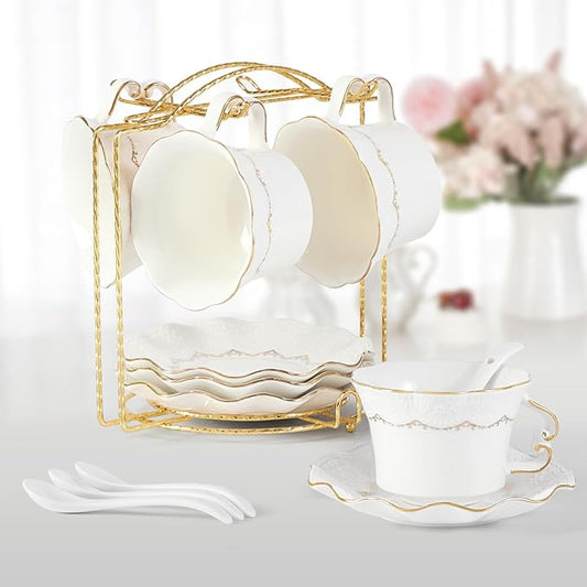 DUJUST Tea Cups and Saucers with Golden Trim,Set of 4 (7 OZ), Luxury Relief Printing Coffee Cups with Metal Stand, British Royal Porcelain Tea Party Set - White
