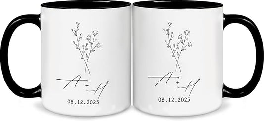 Personalized Mr and Mrs Coffee Mug Set – Custom Initials & Date Design with Minimal Floral Line Art – Wedding Gift for Couple, Engagement Keepsake, Anniversary Present Ceramic Cups