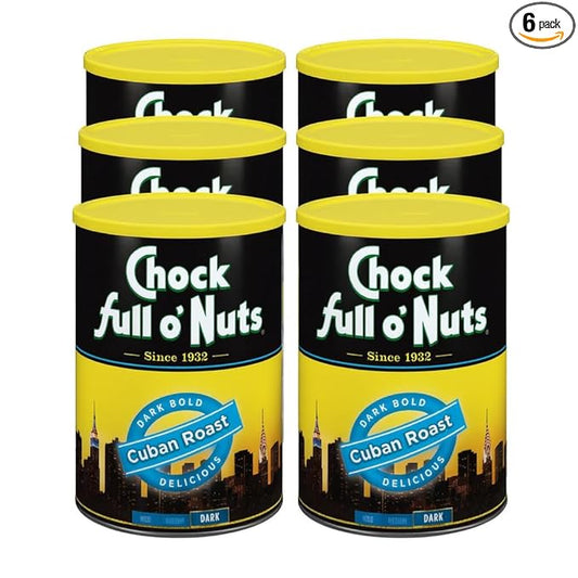 Chock Full o' Nuts Cuban Roast Ground Coffee – Premium Beans in Recyclable Steel Can – Rich Flavor & Aroma, Dark Roast – Perfect for Drip, Pour-Over, Percolator – 10.5 Oz Can, Pack of 6