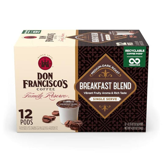 Don Francisco's Breakfast Blend Coffee Pods, 12 Count, Medium-Dark Roast, Compatible with Keurig Brewers