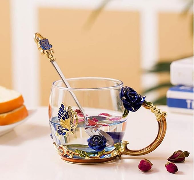 Handicraft Crystal Glass 3D Flower Cups Tea Mug With Tea Spoon Women Coffee, Tea, Juice, Beer, Milk Hot And Cold Drinks Use Gift Package. (Rose Blue Coffee Cup, 11 OZ)