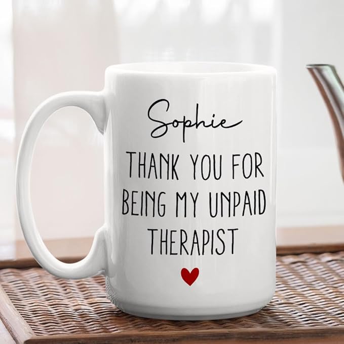 Wrappiness Custom Ceramic Mug for Best Friends, Coworkers & Sisters - My Unpaid Therapist Personalized Coffee Mug, Christmas Friendship Appreciation Gift