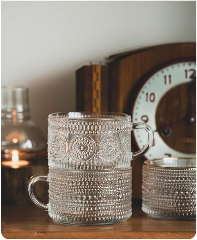 Bandesun Vintage Glass Coffee Mugs Tea Cups, 14 Oz Set of 2 - Stackable Embossed, Glassware with Handle, for Cappuccino, Latte, Cereal, Yogurt, Beverage Hot/Cold, Milk