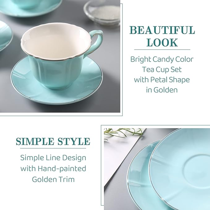DUJUST Tea Cups and Saucers Set of 4 (8 OZ), Nile Blue Tea Cup Set with Golden Trim, Petal Edge Coffee Cups with Metal Stand, Simple Style Porcelain Tea Party Set - Light Green