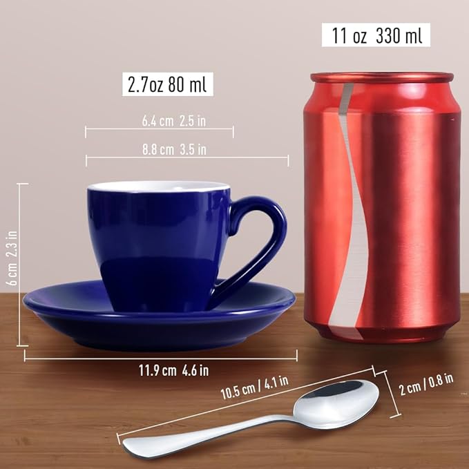 homEdge Porcelain Espresso Shot Cup Set with Saucers and Stainless Steel Spoons - 80 ml / 2.67 oz, Set of 4, Navy