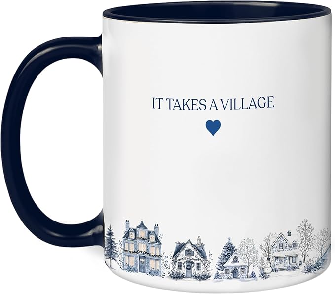 Personalized Toile De Jouy It Takes a Village Thank You Mug – Custom Name Ceramic Coffee Cup – Unique Appreciation Gift for Teacher, Nanny, Babysitter, Coach, Mentor, or Friend