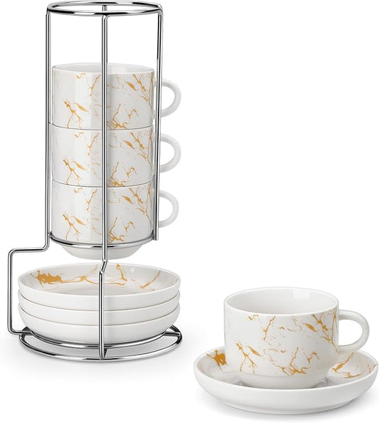 MALACASA 4 OZ Porcelain Espresso Cups with Saucers and Metal Stand Set of 4, Stackable Cappuccino Cups, Marble White Expresso Shots Cup Set for Coffee Drinks, Latte, Tea