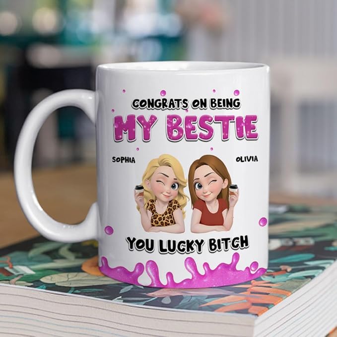 Wrappiness Personalized Mug For Bestie - Custom Congrats On Being My Bestie Coffee Mug, Customizable Ceramic Cup for Best Friends, Gift for Celebrations, 11oz & 15oz, Dishwasher & Microwave Safe