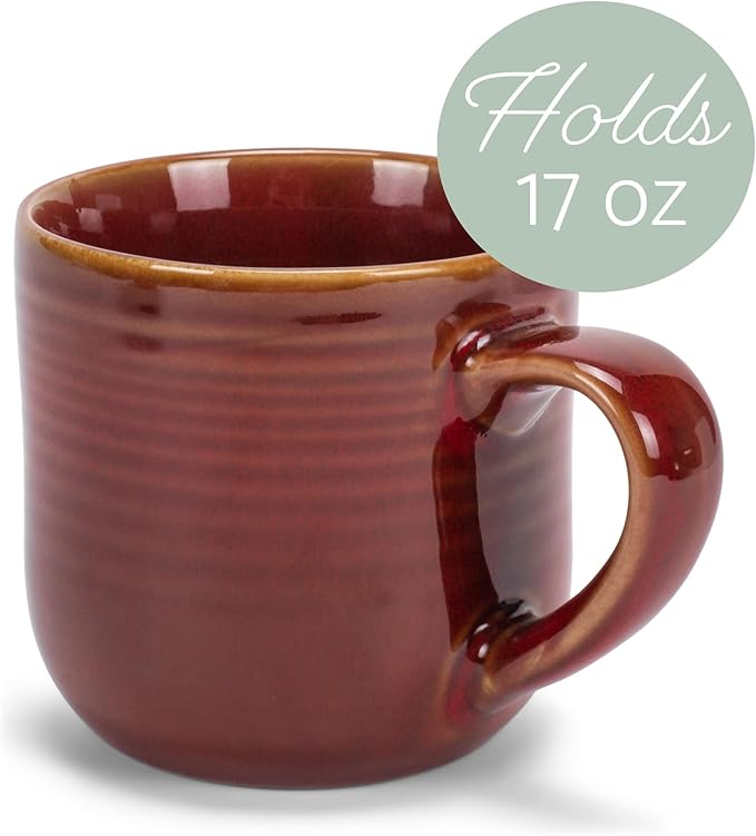 Elanze Designs Glossy Reactive Glaze Large 17 Fluid Ounce Everyday Kitchen Food Grade Ceramic Stoneware Coffee Mug Cup with Comfort Curved Handles, Set of 4, Burnt Auburn Red