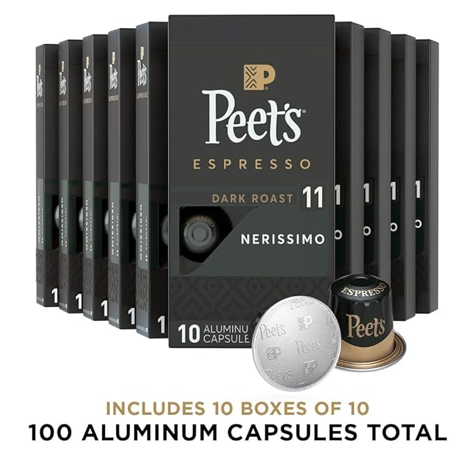 Peet's Coffee, Dark Roast Espresso Capsules, Compatible with Nespresso Original Machine - Nerissimo Intensity 11, 100 Count (10 Boxes of 10 Espresso Capsules)