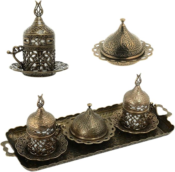 Alisveristime Turkish Coffee Set for Two - Authentic Ottoman Style Cups, Saucers, and Serving Tray with Lale Motifs (Acur) (Autentic Green)