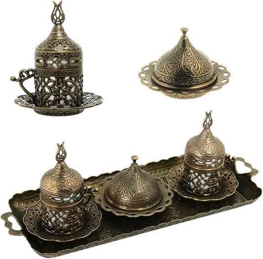 Alisveristime Turkish Coffee Set for Two - Authentic Ottoman Style Cups, Saucers, and Serving Tray with Lale Motifs (Acur) (Autentic Green)