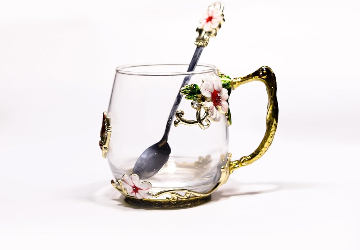 Handicraft Crystal Glass 3D Flower Cups Tea Mug With Tea Spoon Women Coffee, Tea, Juice, Beer, Milk Hot And Cold Drinks Use Gift Package. (Short Red)