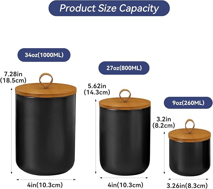 Ceramic Storage Jars, Modern Elegant Highly Polished Airtight Gorgeous Storage Canisters with Wooden Lid Small Food Stroage Jar for Kitchen Spice Tea Vanilla Sugar Coffee Beans (Black medium)