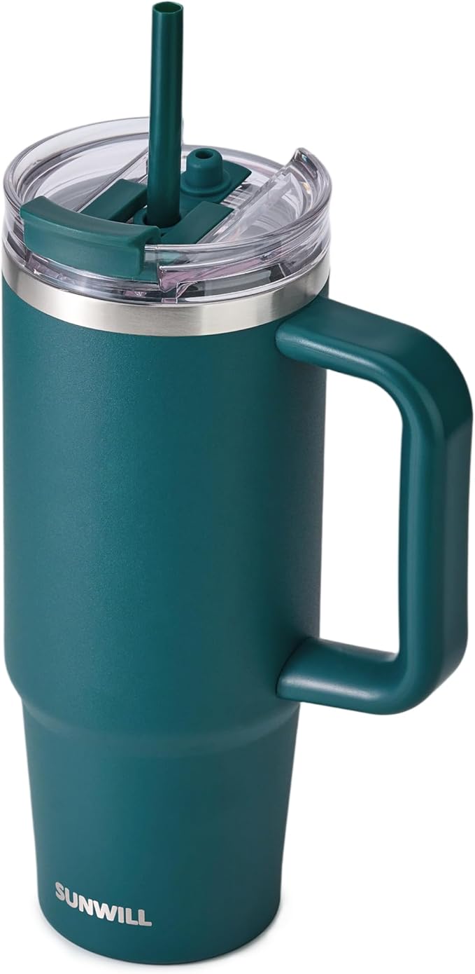SUNWILL Travel Coffee Mug with Lid, 30 oz Tumbler with Handle and Straw Leak Proof, Stainless Steel Cup Insulated for Office & Camping, Cupholder Friendly, Powder Coated Deep Teal