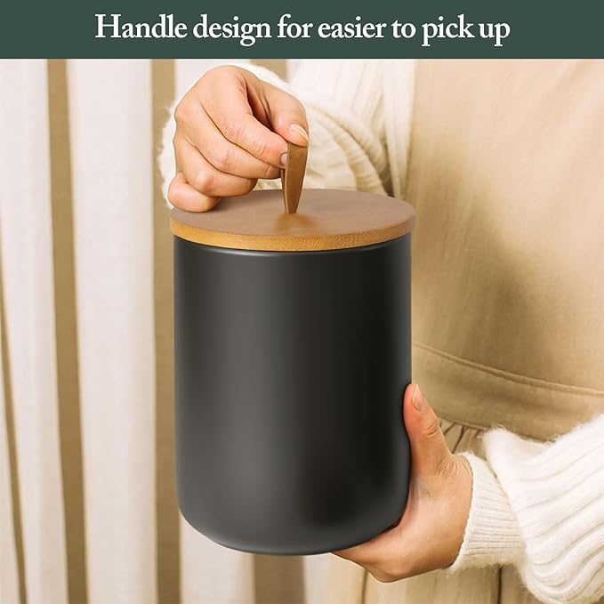 Kitchen Canisters Set of 2 Large with Top Handle, Canisters Sets for The Kitchen, Airtight Kitchen Canisters for Countertop, Modern Ceramic Jar with Wooden Lid for Coffee Flour