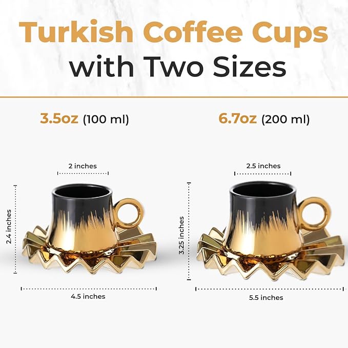 Turkish Coffee Cup Set of 6 with Saucers & Tray - Luxury Arabic Greek Japanese Marble Ceramic Tea Cups for Espresso Cappuccino Latte Mocha, Ideal Gift - 3.5oz, Black Gold