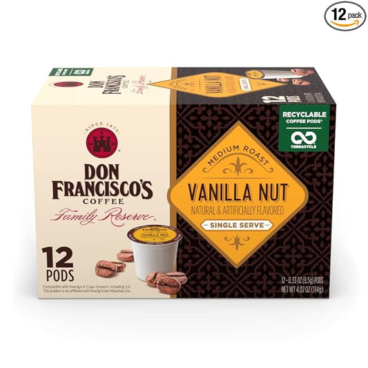 Don Francisco's Vanilla Nut Flavored Coffee Pods, 12 Count, Medium Roast, Compatible with Keurig Brewers