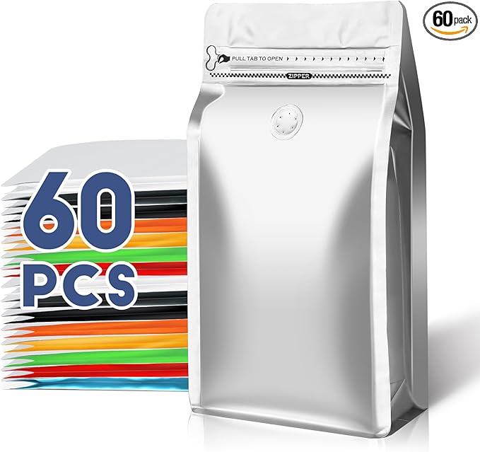 Coffee Bags with Valve(60pcs,16 oz,1 lb) Vented Coffee Beans Packaging Bags High Barrier Aluminumed Foil Flat Bottom Heat Sealed Side Zipper Resealable Storage Bag for Home or Business（Silver）