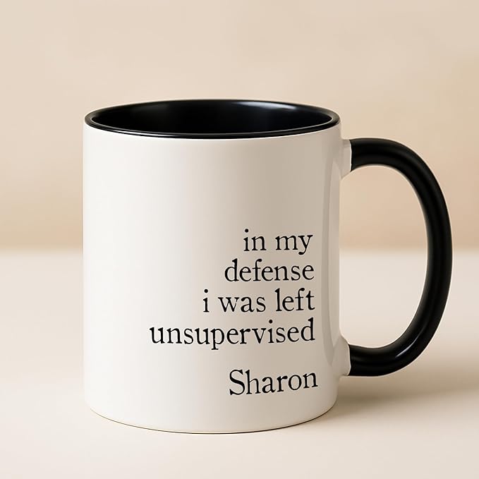 Personalized Funny Coffee Mug – Custom Name Cup with Hilarious Quote “In My Defense I Was Left Unsupervised” – Unique Gag Gift, White Elephant Christmas Cup
