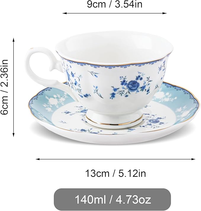 fanquare 5 Ounces Blue Rose Tea Cup Set of 6, Gold Trimmed Porcelain Coffee Cups for Party Home, Vintage British Afternoon Cup and Saucers