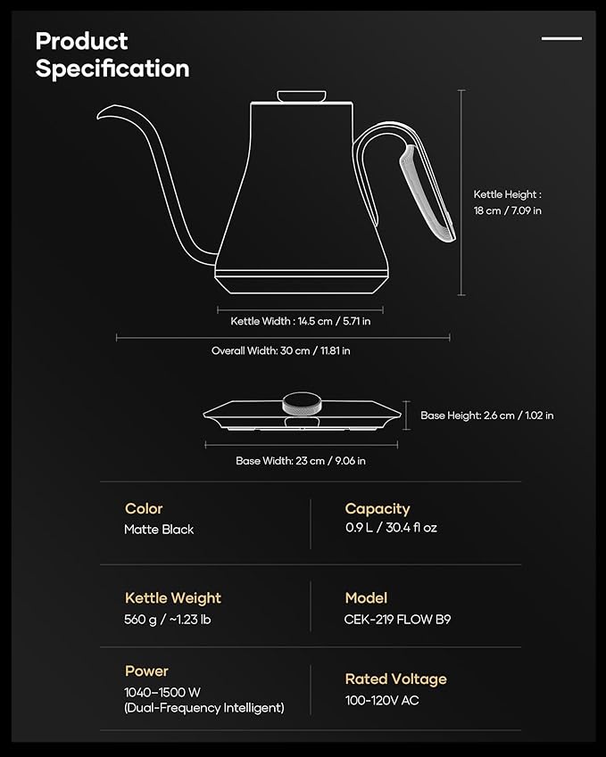 Cocinare FLOW B9 Gooseneck Electric Kettle, Precise Temperature Control for Pour-Over Coffee & Tea Brewing, Stainless Steel Interior, Rapid Heating for Boiling Water, 1500W/0.9L (Matte Black)