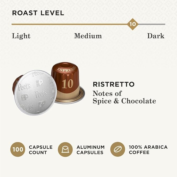 Peet's Coffee, Dark Roast Espresso Capsules, Compatible with Nespresso Original Machine - Ristretto Intensity 10, 100 Count (10 Boxes of 10 Espresso Capsules)
