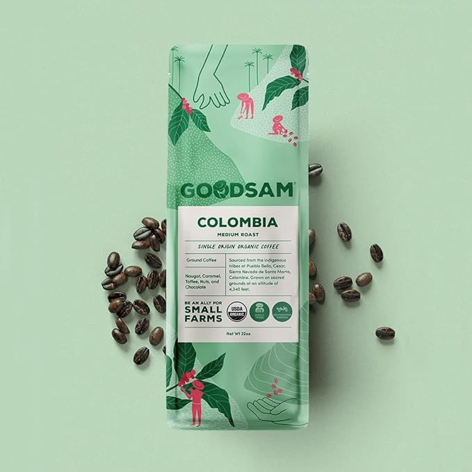 GoodSAM - Organic Colombian Ground Coffee, Medium Roast 2lb – Single Origin Arabica Beans, Smooth & Balanced Flavor - Supporting Small Family Farmers, Regenerative & Direct Trade